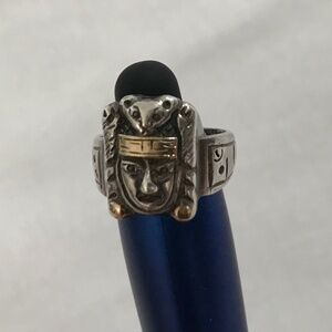 Rare Aztec Jaguar Warrior 925 Silver 18K Gold leaf Ring Size 4.5
